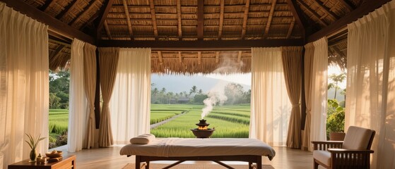 Spa Treatment Room with a View of Lush Rice Fields