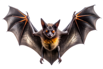 A fruit bat with dark fur and striking orange eyes is captured with its wings fully spread against a transparent background