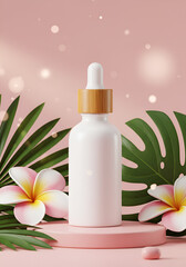 Product presentation, cosmetic bottle, tropical
