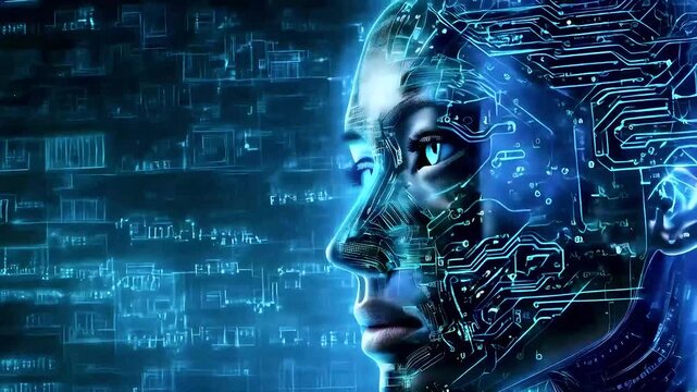 Human face overlaid with digital circuit patterns