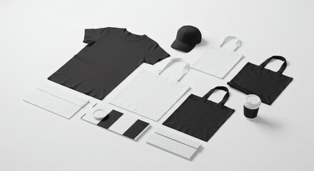 A complete set of black and white corporate identity merchandise for branding mockups, including a blank t-shirt, cap, tote bags, and coffee cup arranged neatly on a clean white background.