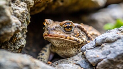 Obraz premium Close-up View of a Common Toad Resting Among Rough, Grey Rocks in a Natural Habitat