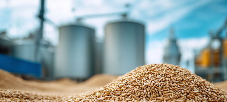Wheat grain storage and seed business concept with bulk cereal pile in front of modern agricultural silos and farming industry background