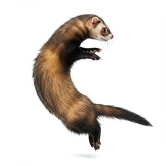 Playful Ferret Mid-Air Pounce: Energetic Leap on White, High Detail, 8K.