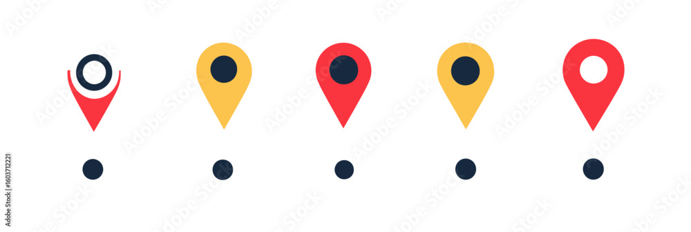 Poster set of five flat minimalist location map pin icons in red and yellow with black center dots isolated
