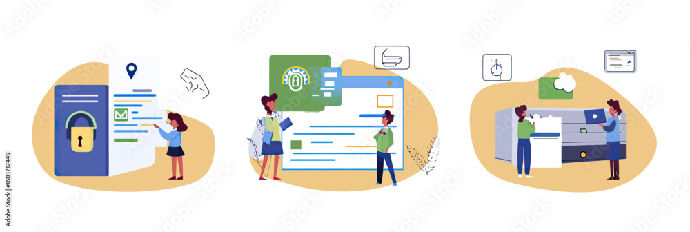 Poster secure online data protection with people using devices for encrypted messages cloud storage and ser