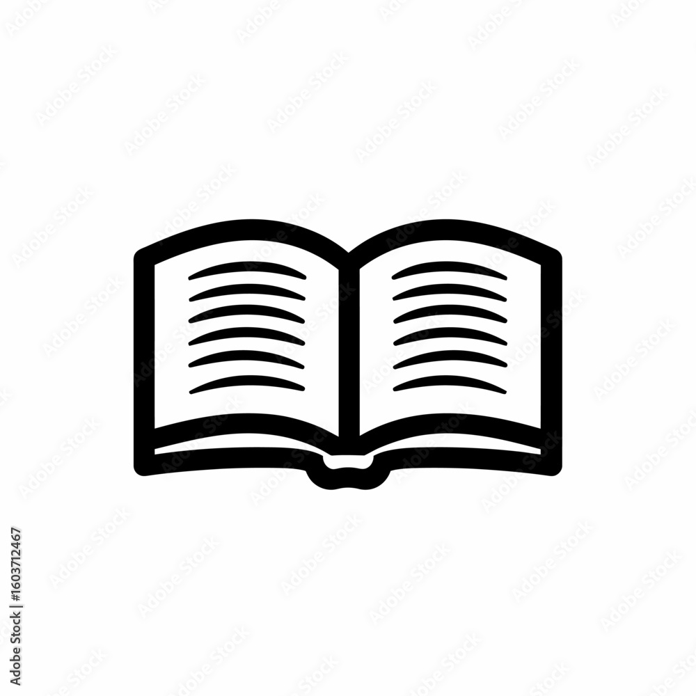 Poster minimalist black and white open book icon with visible lines representing text in flat vector style 