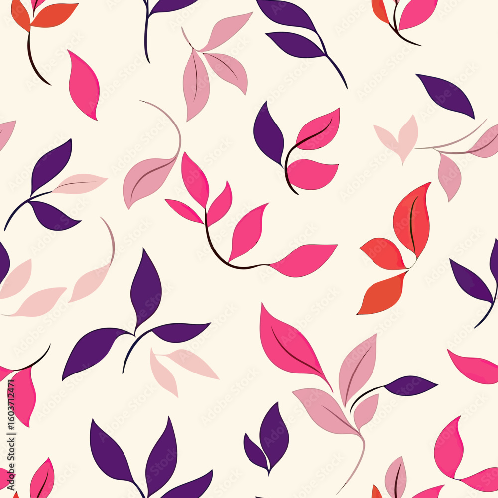 Aufkleber seamless pattern with flat minimalist pink red and purple leaf branches on cream background for deco