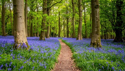 A pathway through a vibrant bluebell wood
