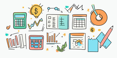 Hand drawn doodle business finance icons set with calculators charts graphs calendar and pen in colorful sketch style vector illustration
