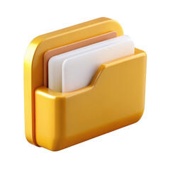 3d yellow folder with white cards isolated on transparent background