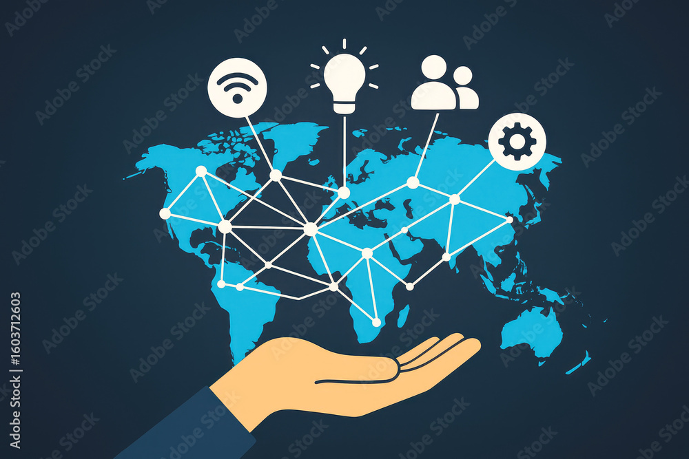 Poster global network connection with innovation and collaboration world map