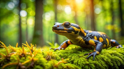 Fototapeta premium A fire salamander basking in the sunlit forest, perched atop vibrant green moss
