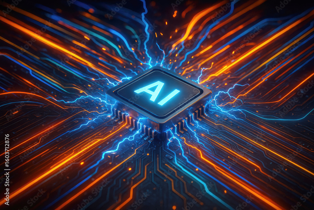Poster glowing ai processor with electric energy flow ai processor microchip
