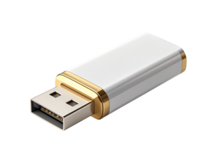 Sleek Metallic Flash Drive with Gold Edges and LED Light on Floating White Background 