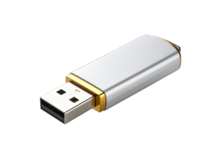 Sleek Metallic Flash Drive with Gold Edges and LED Light on Floating White Background