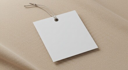 A versatile product mockup featuring a blank white rectangular clothing tag with a string, perfect for showcasing brand identity or pricing on soft beige fabric.