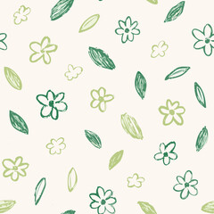 Seamless Hand-Drawn Floral and Leaf Pattern in Crayon Style