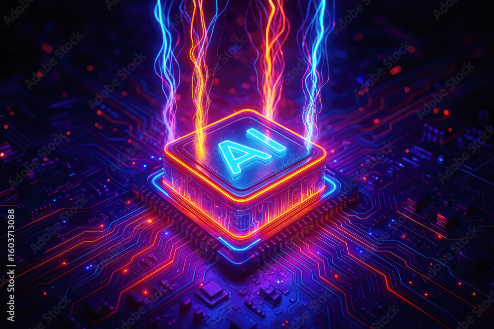 Poster glowing ai processor with electric energy streams on circuit board technology digital