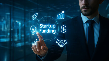 Startup funding business concept with entrepreneur pressing virtual button showing capital investment financial icons and innovation symbols