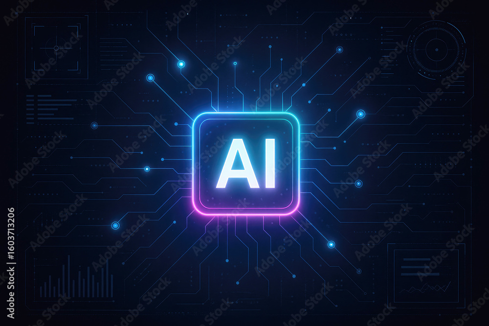 Fototapete glowing artificial intelligence circuit board with data visualizations technology