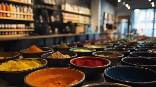 Colorful spices arranged in small bowls