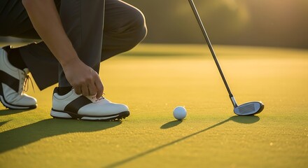 Golfer tying shoe on green golf club golf ball
