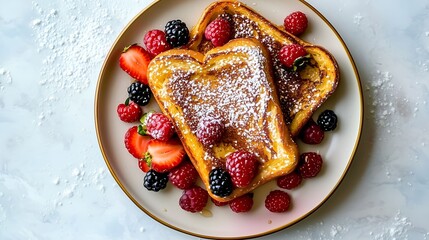 Top-down view of golden French toast with powdered sugar and mixed berries, ideal for dessert menu, cooking book and breakfast ads.