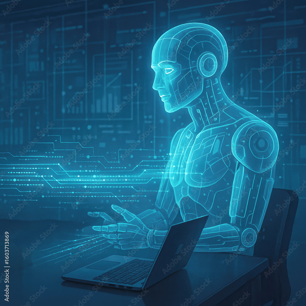 Poster glowing blue android interacting with digital interface and laptop artificial intelligence