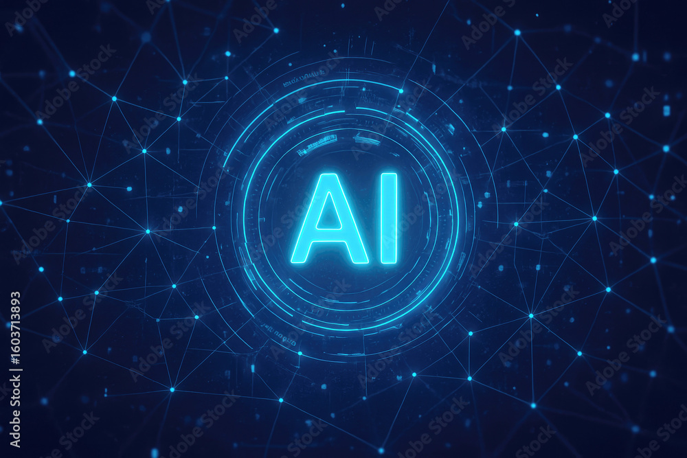 Poster glowing blue ai symbol within digital network artificial intelligence technology