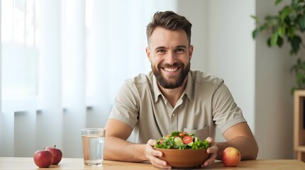 Fototapeta premium man eating salad in kitchen