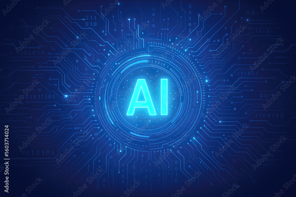 Poster glowing blue artificial intelligence circuit board with binary code technology digital