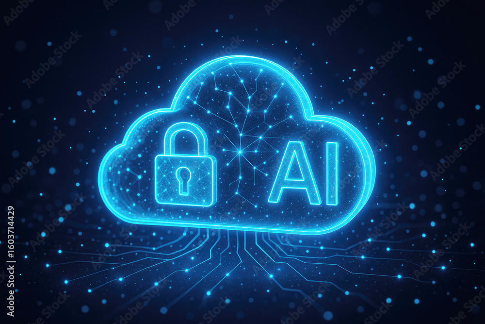 Aufkleber glowing blue cloud with lock and ai symbols on circuit board security artificial intelligence