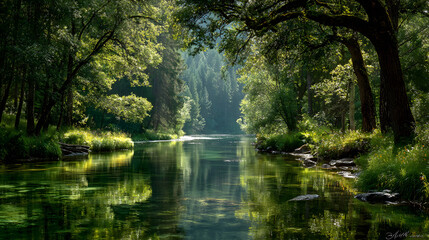 Serene green forest river landscape sunlight peaceful tranquil nature scene summer day lush greenery calm water beautiful scenery idyllic