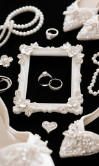 wedding rings and other wedding accessories form a frame with a black background