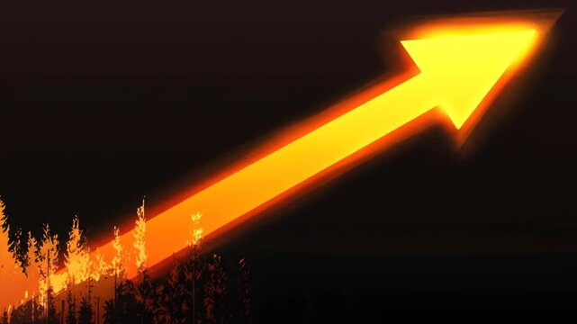 Bright yellow arrow ascends through dark forest