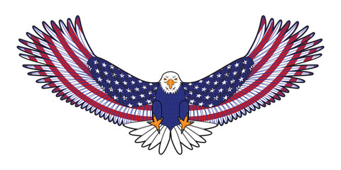 Line art Illustration vector front view of bald Eagle in wings spread action background with the United States Flag drawing in colorful