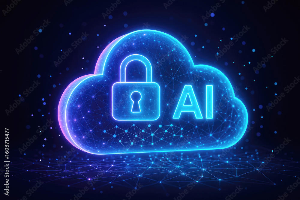 Poster glowing blue cloud with lock and ai text artificial intelligence technology