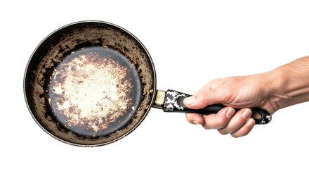 old stained frying pan held by hand on transparent background PNG file