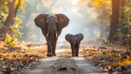 Mother and Baby Elephant Walking at Dawn