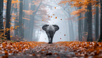 Elephant Walking into Misty Forest