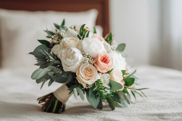 Obraz premium elegant wedding bouquet featuring harmonious blend of roses peonies and greenery set against clean white background