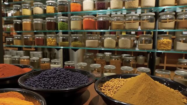 Spice display in market stall with colorful powders