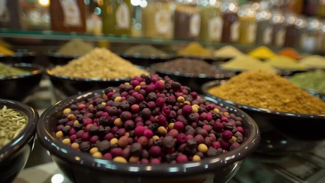 Spices and herbs displayed on market scale