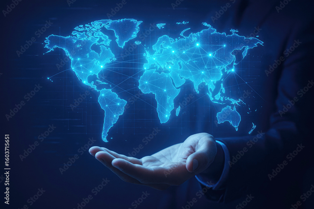 Poster glowing blue digital world map with interconnected nodes held above an open palm
