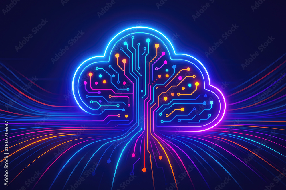 Poster glowing circuit board cloud with colorful data streams technology network