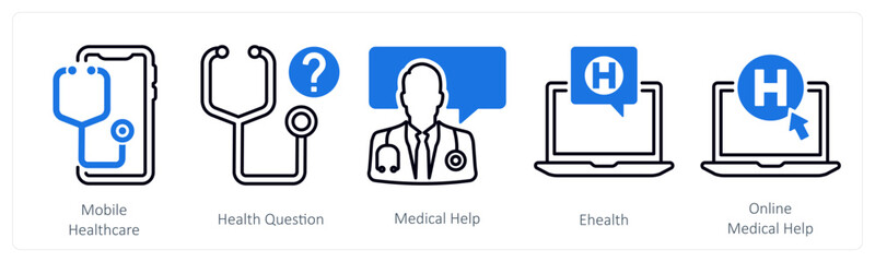A set of 5 mix icons as mobile healthcare, health question, medical help