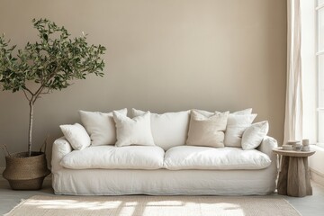 White fabric sofa with pillows, accompanied by a side table with a potted plant, placed against a beige wall with ample copy space. Scandinavian home interior design for a modern room, Generative AI