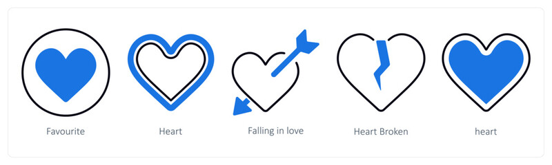 A set of 5 mix icons as favorite, heart, falling in love