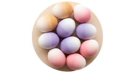 Ten colorful pastel easter eggs arranged on a light brown surface isolated on transparent background
